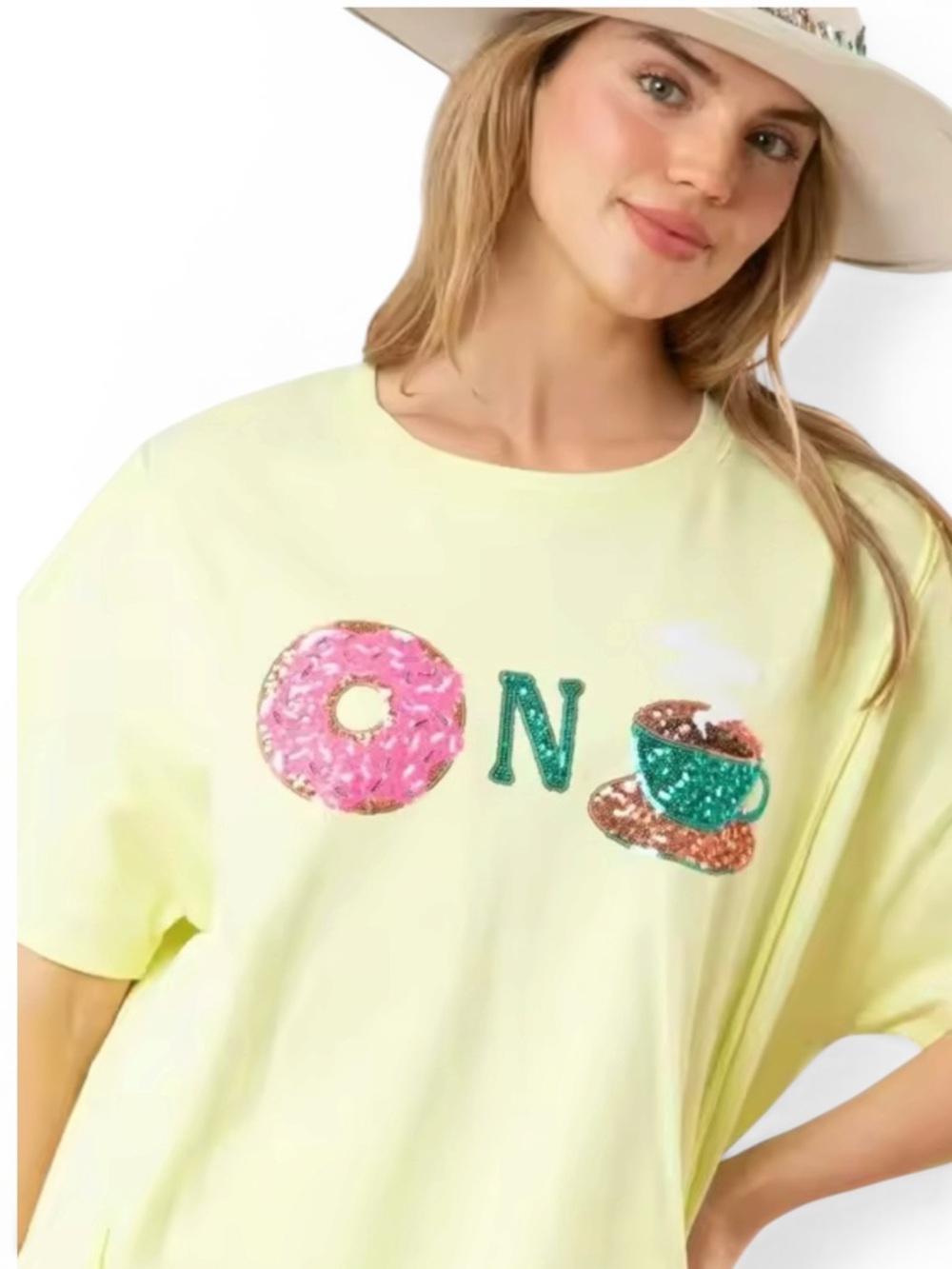 FANTASTIC FAWN MSRP $45 Oversized Donut & Coffee Sequined Tee in Pale Yellow